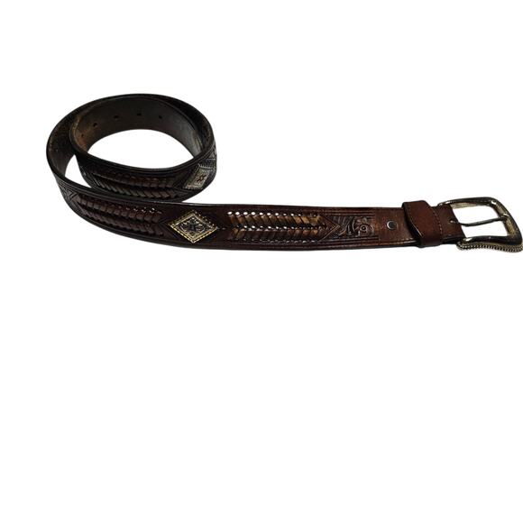 Nocona Belt Men's Size 36 Brown Leather Western Concho Engraved Buckle - Picture 1 of 6